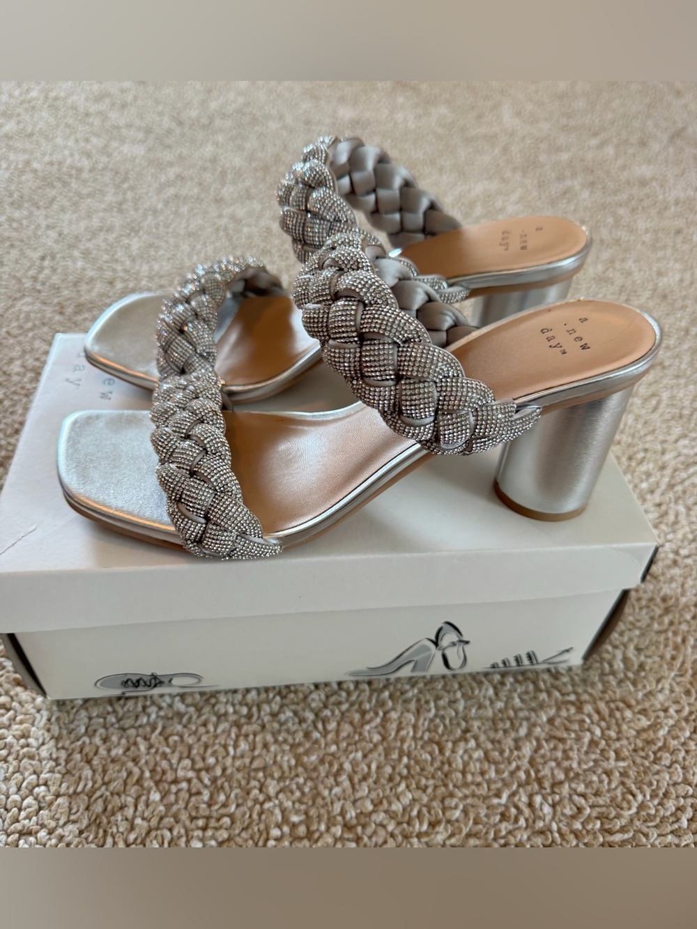 A New Day Silver Rhinestone Braided Heels 8.5 Glam Wedding Party Sandals